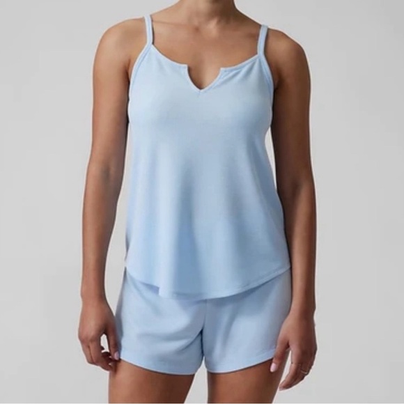 Athleta Wind Down Sleep Cami Blue Waffle Knit Tank Top Lounge Pajamas V Neck - Picture 1 of 10